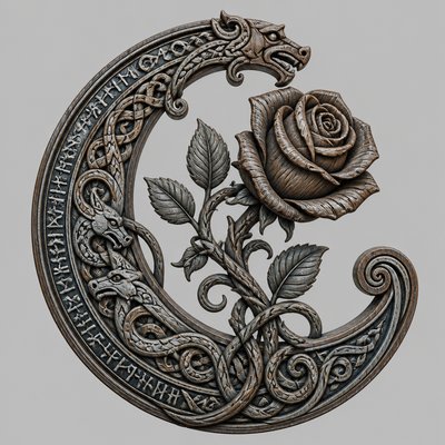 a rose entwined with a crescent moon, clean balanced composition on a plain background, no text