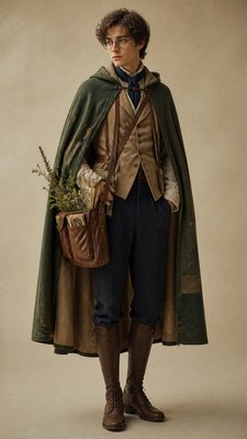 full-body original character: a wandering botanist with a satchel of plants, a patched green cloak, tall boots and round glasses, neutral background