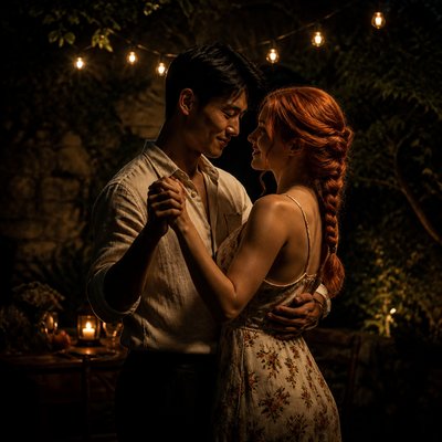 an original couple dancing under string lights in a garden at dusk: a man with short black hair in a linen shirt and a woman with braided red hair in a summer dress
