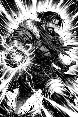 a black and white drawing of a man with a sword