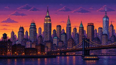 a city skyline panorama at dusk with glowing windows, no people