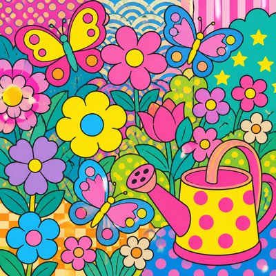 a garden scene with butterflies, flowers and a watering can, clean uncolored line art, no text