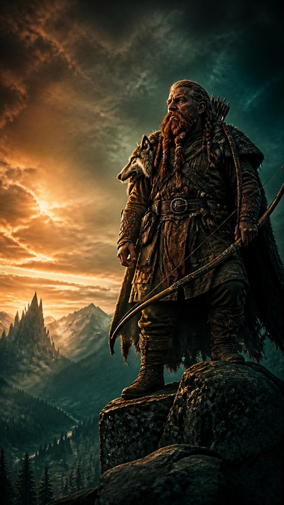 full-body original character: a dwarven ranger with a braided auburn beard, worn leather armor, a longbow and a wolf-pelt cloak, neutral background, no text