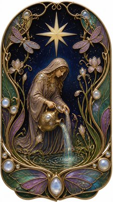 a robed figure pouring water beneath a large eight-pointed star in a night sky, symmetrical composition with an ornate decorative border, no text
