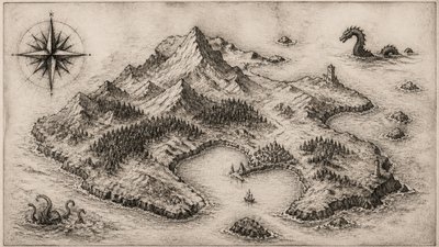 a map of an island realm with mountains, forests, a sheltered bay, sea monsters in the water and a compass rose, no text labels