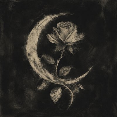 a rose entwined with a crescent moon, clean balanced composition on a plain background, no text