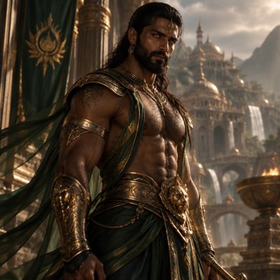 Je veux que tu me fasses un guerrier, tres modern avec une armure moderne genre full vert sombre or et voileen soie transparent mais juste un peu si besoin mais il a une armure en or plutot mastock genre le voile c’est juste histoire de rajouter du tissu sans manche ni haut  in voit ses muscle et il a une barbe et des cheveux long lisse plaqué en arriere il est hot et un peu poilu pour le realisme il est brun  et a des yeux vert brillant, on dirait presque un dieu de l’inde ancien avec l’ethnie aui va avec 