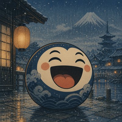 an exaggerated laughing face of an original round mascot character, bold and readable at small size, plain background, no text