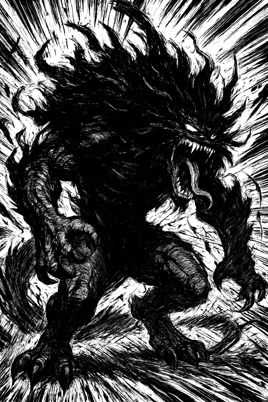 a black and white drawing of a monster