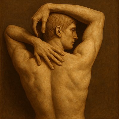a painting of a man with his hands on his back