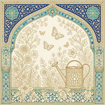 a garden scene with butterflies, flowers and a watering can, clean uncolored line art, no text