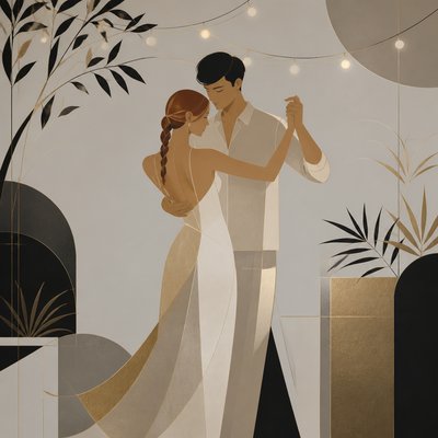 an original couple dancing under string lights in a garden at dusk: a man with short black hair in a linen shirt and a woman with braided red hair in a summer dress