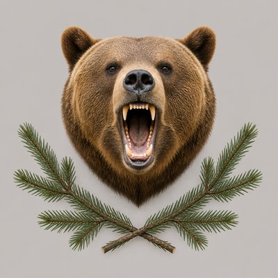 a roaring bear head above crossed pine branches, bold graphic composition on a plain background, no text