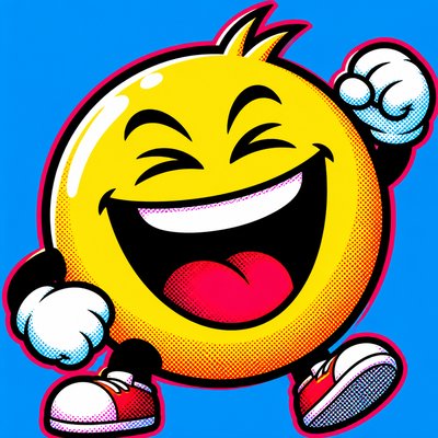 an exaggerated laughing face of an original round mascot character, bold and readable at small size, plain background, no text