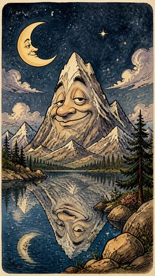 a tranquil mountain lake beneath a starry night sky, no people, no text