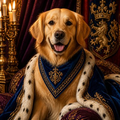 portrait of a golden retriever wearing a blue bandana, warm plain backdrop, no text