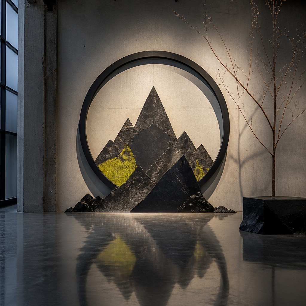 an emblem of a mountain peak inside a circle, simple bold shapes on a plain background, no text or lettering