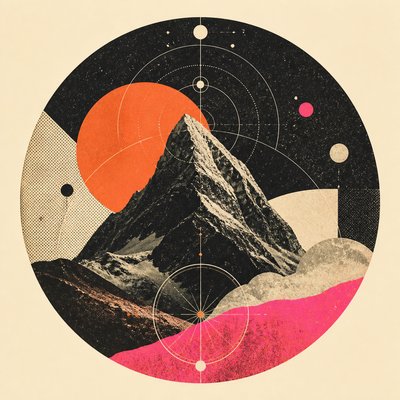 an emblem of a mountain peak inside a circle, simple bold shapes on a plain background, no text or lettering