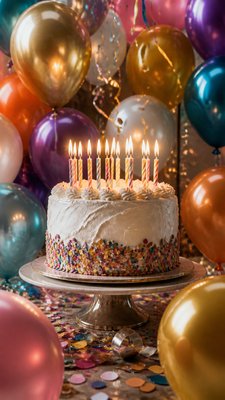 a birthday cake with lit candles surrounded by balloons and confetti, festive vertical composition, no text