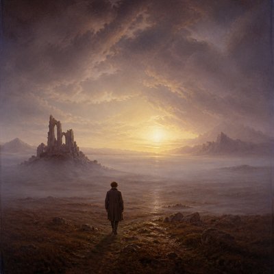 a solitary figure walking toward a glowing horizon across an empty plain, moody atmosphere, no text or lettering
