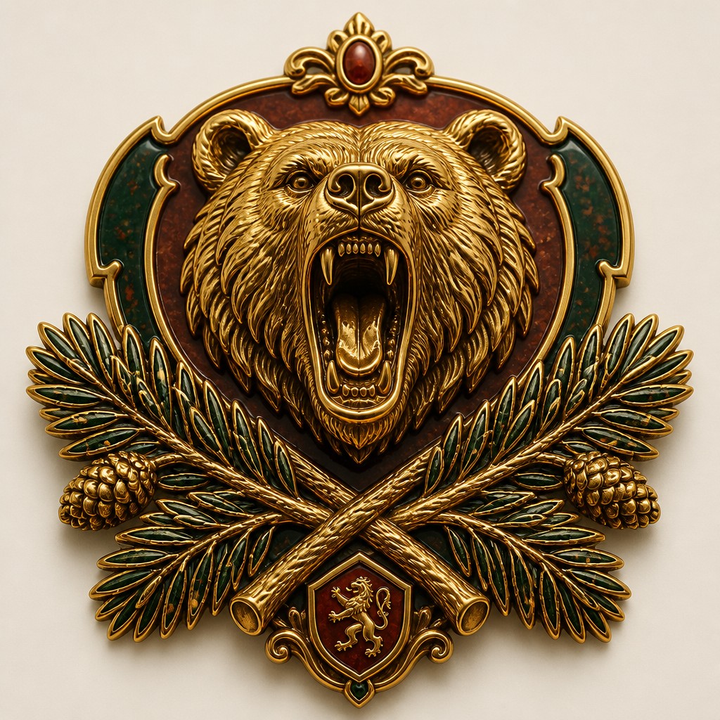 a roaring bear head above crossed pine branches, bold graphic composition on a plain background, no text