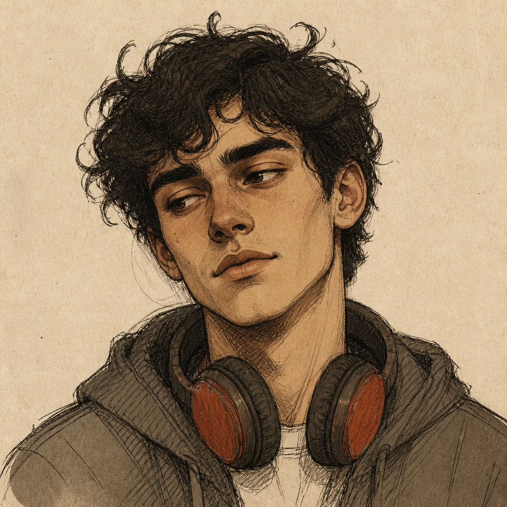 head-and-shoulders portrait of an original character: a young man with curly dark hair and headphones around his neck, plain backdrop, no text