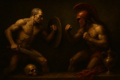 a painting of two men fighting with each other