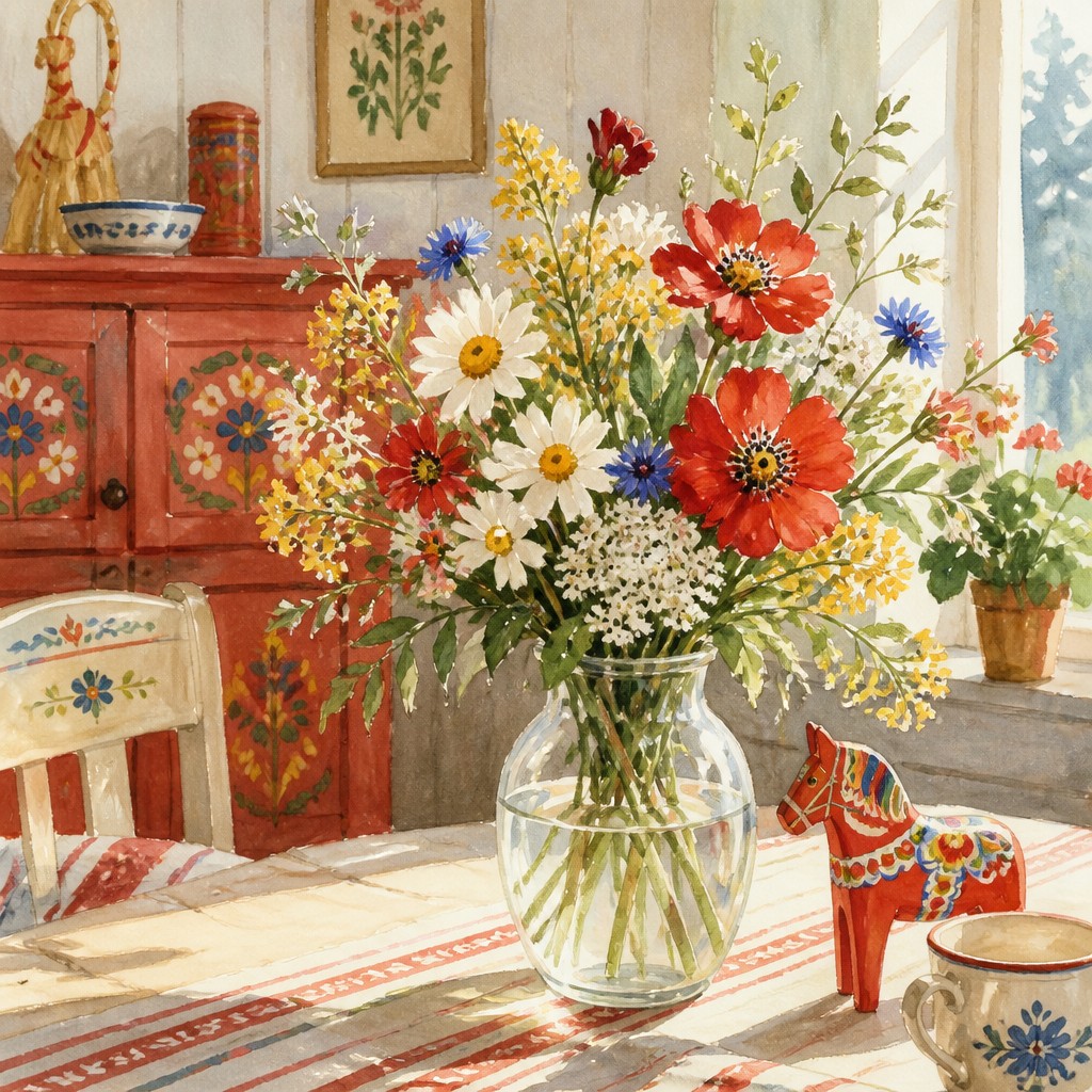bouquet of flowers in a glass vase — Swedish Art Style