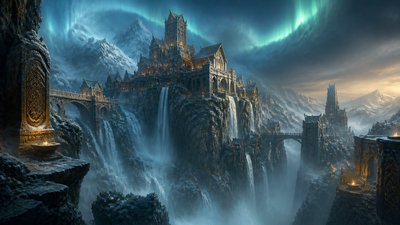 a cliffside city with waterfalls cascading into a misty canyon, wide establishing shot, no people, no text