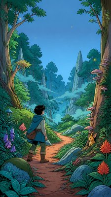 a mysterious forest path with fireflies and drifting mist, atmospheric vertical composition with open space at the top, no text
