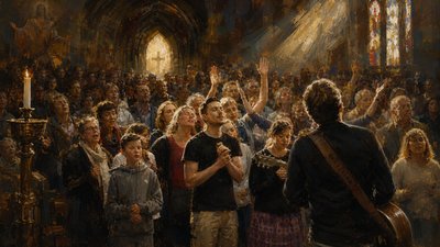 a painting of a group of people in a church