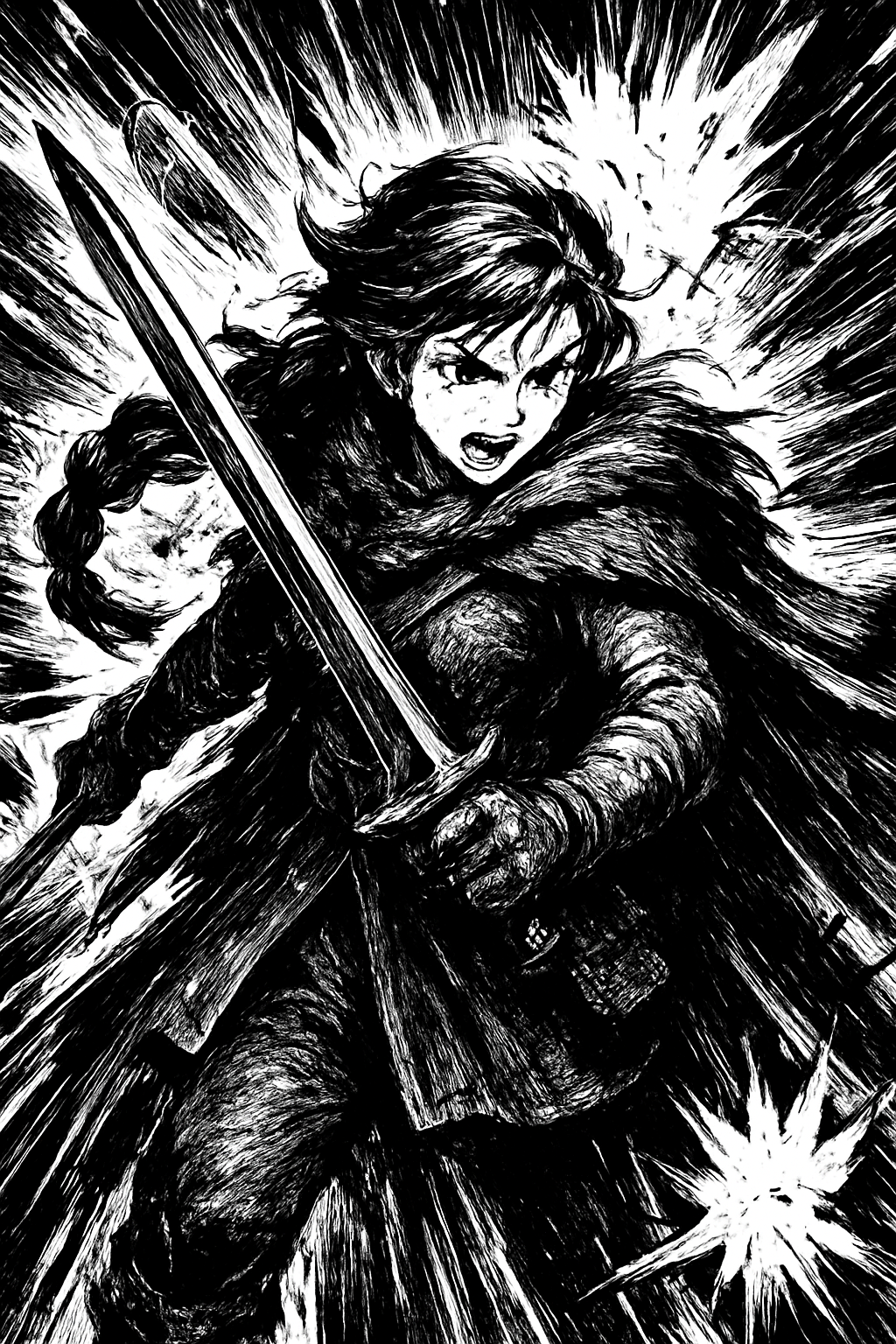 a black and white drawing of a man holding a sword