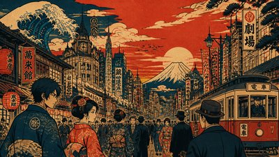 bustling city street panorama at dusk