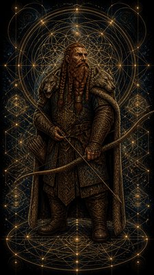full-body original character: a dwarven ranger with a braided auburn beard, worn leather armor, a longbow and a wolf-pelt cloak, neutral background, no text