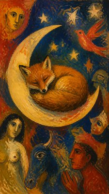 a sleeping baby fox curled on a crescent moon among soft stars, gentle and warm, no text