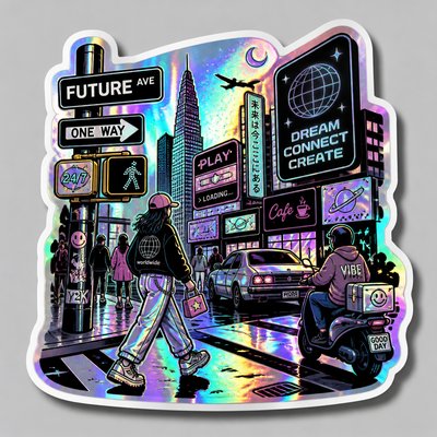 urban street with city activity — Holographic Sticker Design