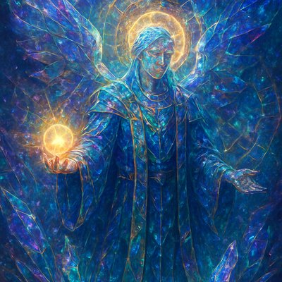 "Uriel, the Angel of Light and Wisdom from the Book of Enoch, a majestic celestial guide, standing amidst swirling cosmic dust and ethereal nebulae. His form radiates intense, pure light. He gestures towards a hidden cosmic mechanism, revealing ancient knowledge, holding a flaming orb of pure light. Robes of deep sapphire blue and radiant gold, adorned with ancient symbols. Serene, knowing face, eyes glimmering with cosmic insight. Behind him, celestial gears and the fiery essence of the sun. Hyperrealistic digital painting, divine luminosity, epic detailed, cinematic lighting, cosmic gradients."