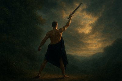 a painting of a man holding a sword