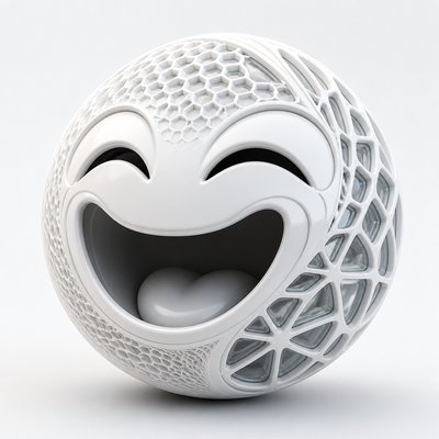 an exaggerated laughing face of an original round mascot character, bold and readable at small size, plain background, no text