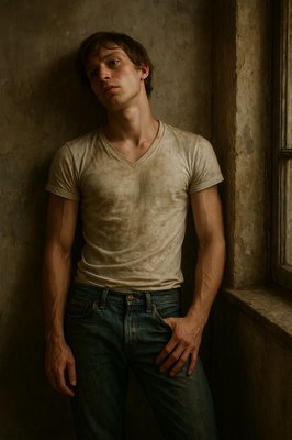 a man standing next to a window in a room