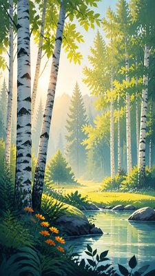 a serene birch forest in soft morning light, no people, no text