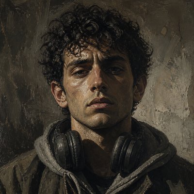 head-and-shoulders portrait of an original character: a young man with curly dark hair and headphones around his neck, plain backdrop, no text