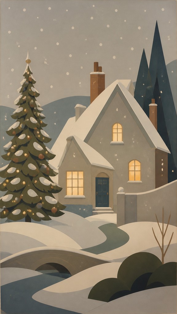 a snow-covered cottage with warm glowing windows beside a decorated pine tree, gentle snowfall, no text