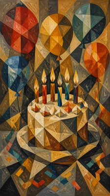 a birthday cake with lit candles surrounded by balloons and confetti, festive vertical composition, no text