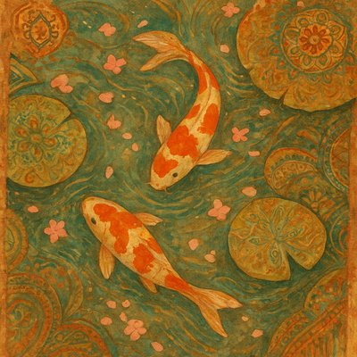 A koi pond seen from above, orange and white koi fish swimming among lily pads, clear water with subtle ripples, fallen cherry blossom petals floating on the surface, dappled sunlight
