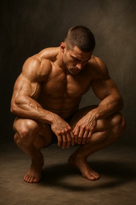 a man kneeling down with his hands on his knees