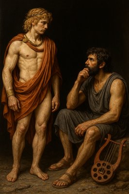 a painting of a man standing next to a man with a harp