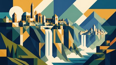 a cliffside city with waterfalls cascading into a misty canyon, wide establishing shot, no people, no text