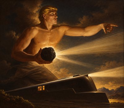 a painting of a man pointing at a train