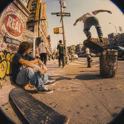 urban street with city activity — Skater Aesthetic
